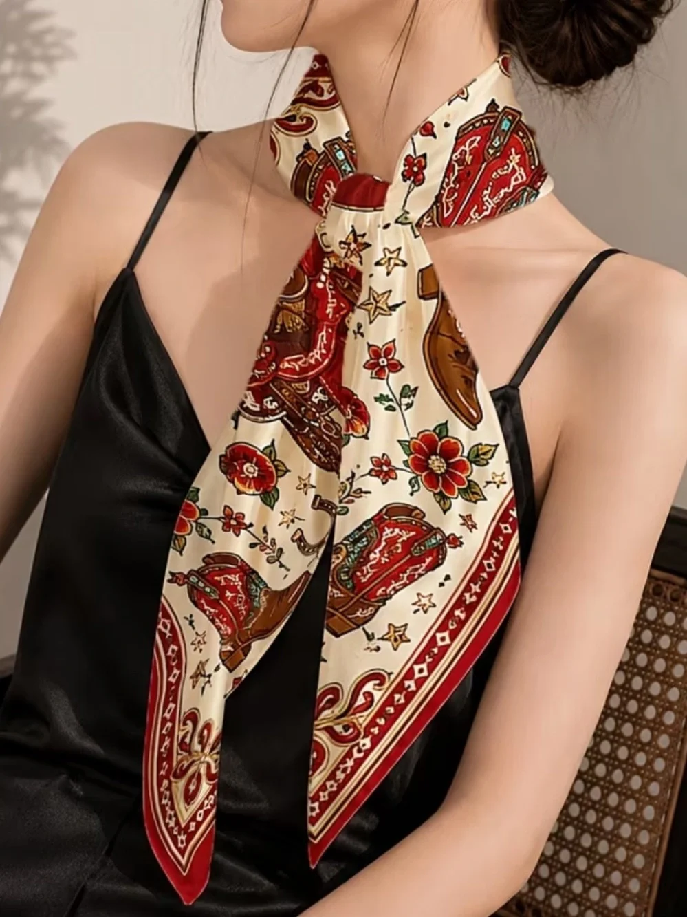 Red Western Saddle & Cowboy Print Bandana Scarf